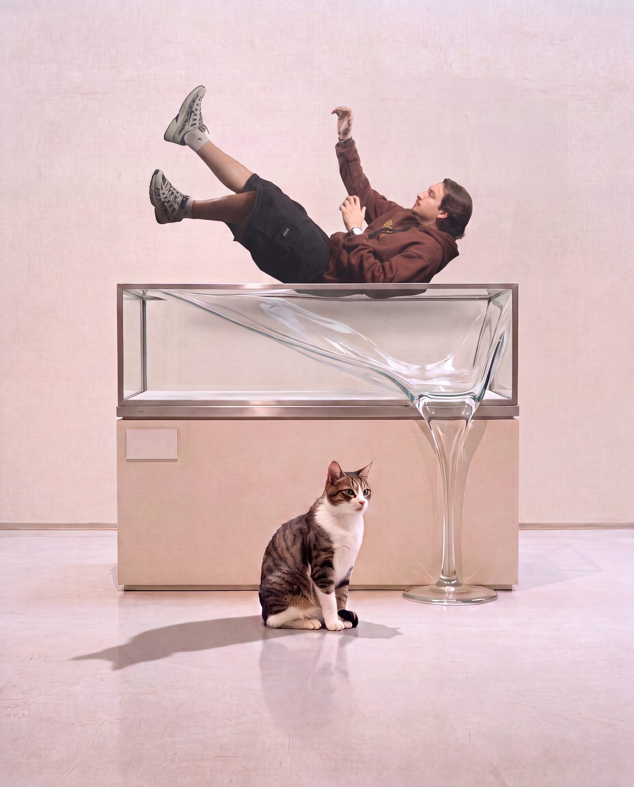 Modelo suspenso no ar, caindo sobre uma vitrine de vidro que derrete, com um gato sentado no piso