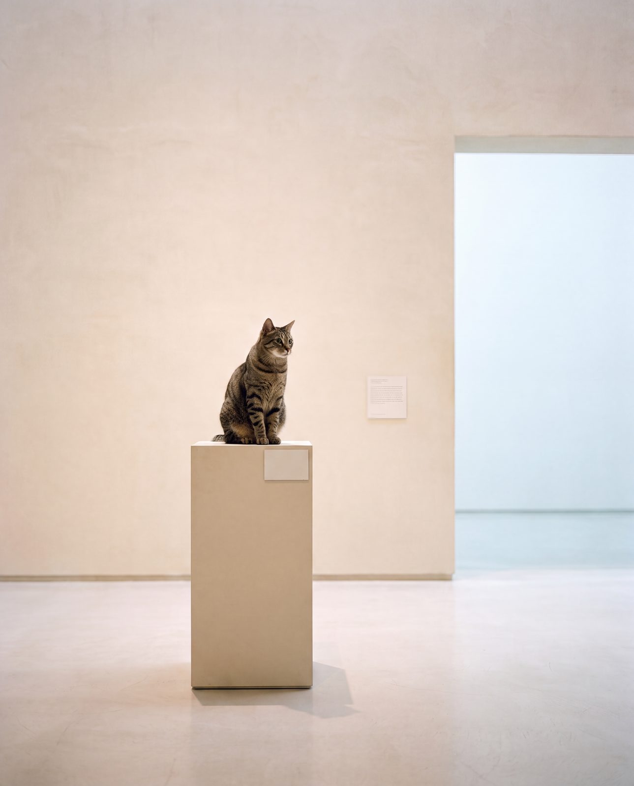 Gato sentado num pedestal branco no meio da galeria, como peça do acervo