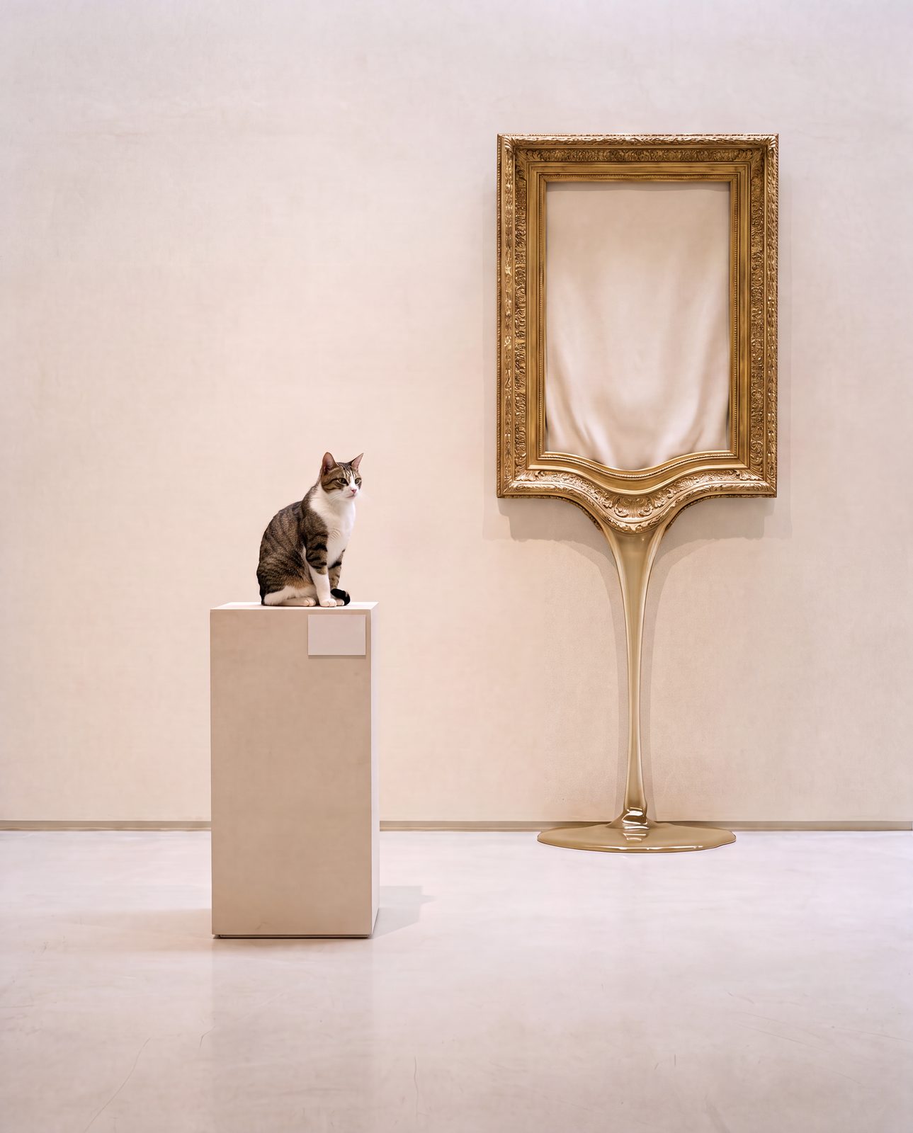Galeria clara com moldura dourada derretendo pela parede e gato sentado num pedestal
