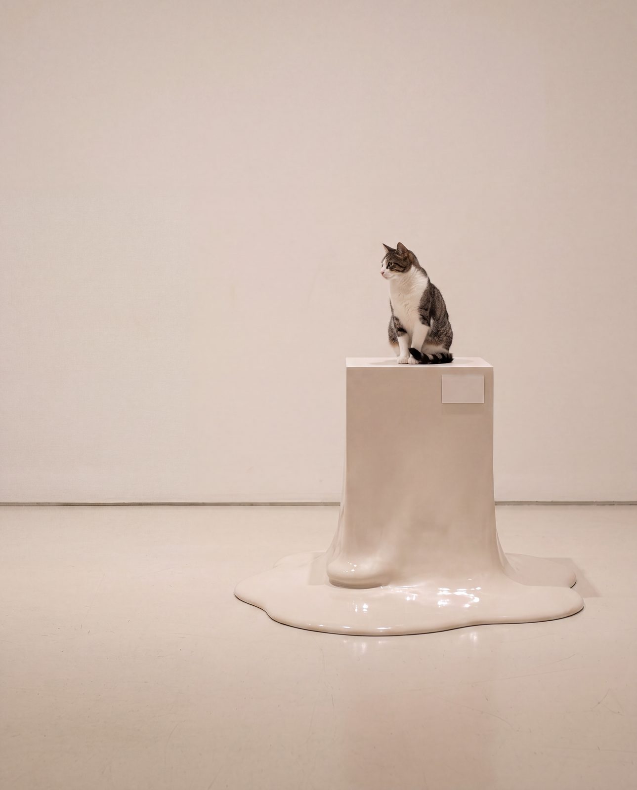 Gato sentado sobre um pedestal branco que derrete e se espalha pelo chão