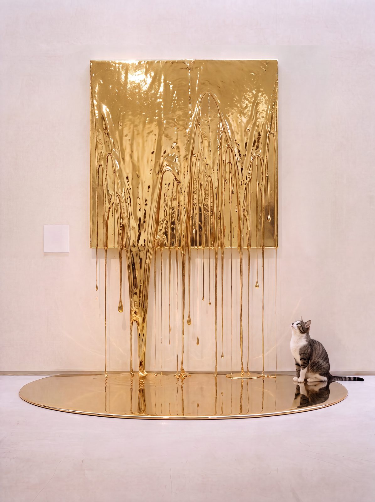Parede de ouro líquido escorrendo até formar uma poça no piso, com um gato ao lado