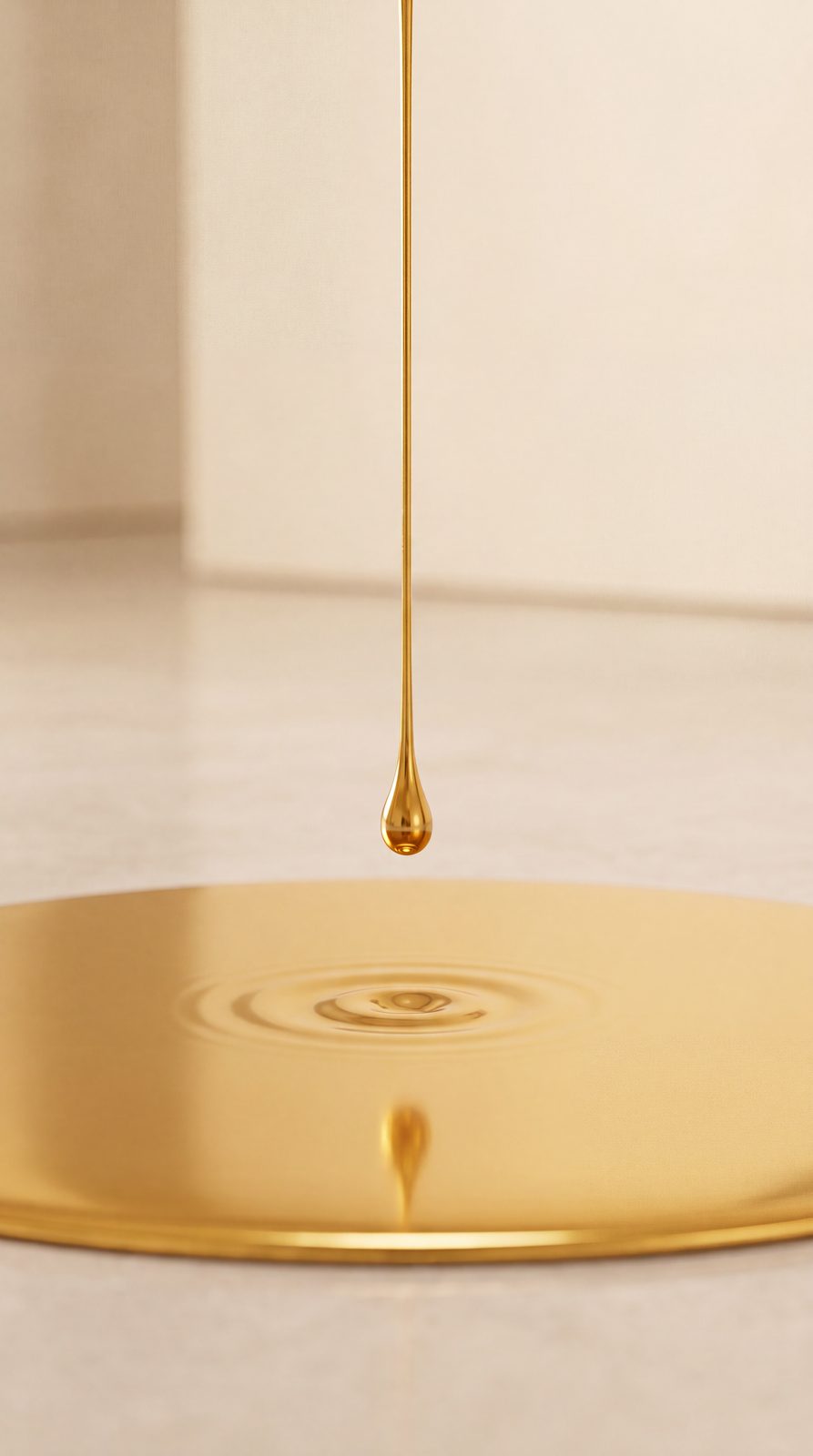 Detalhe vertical de uma gota de ouro caindo numa poça dourada