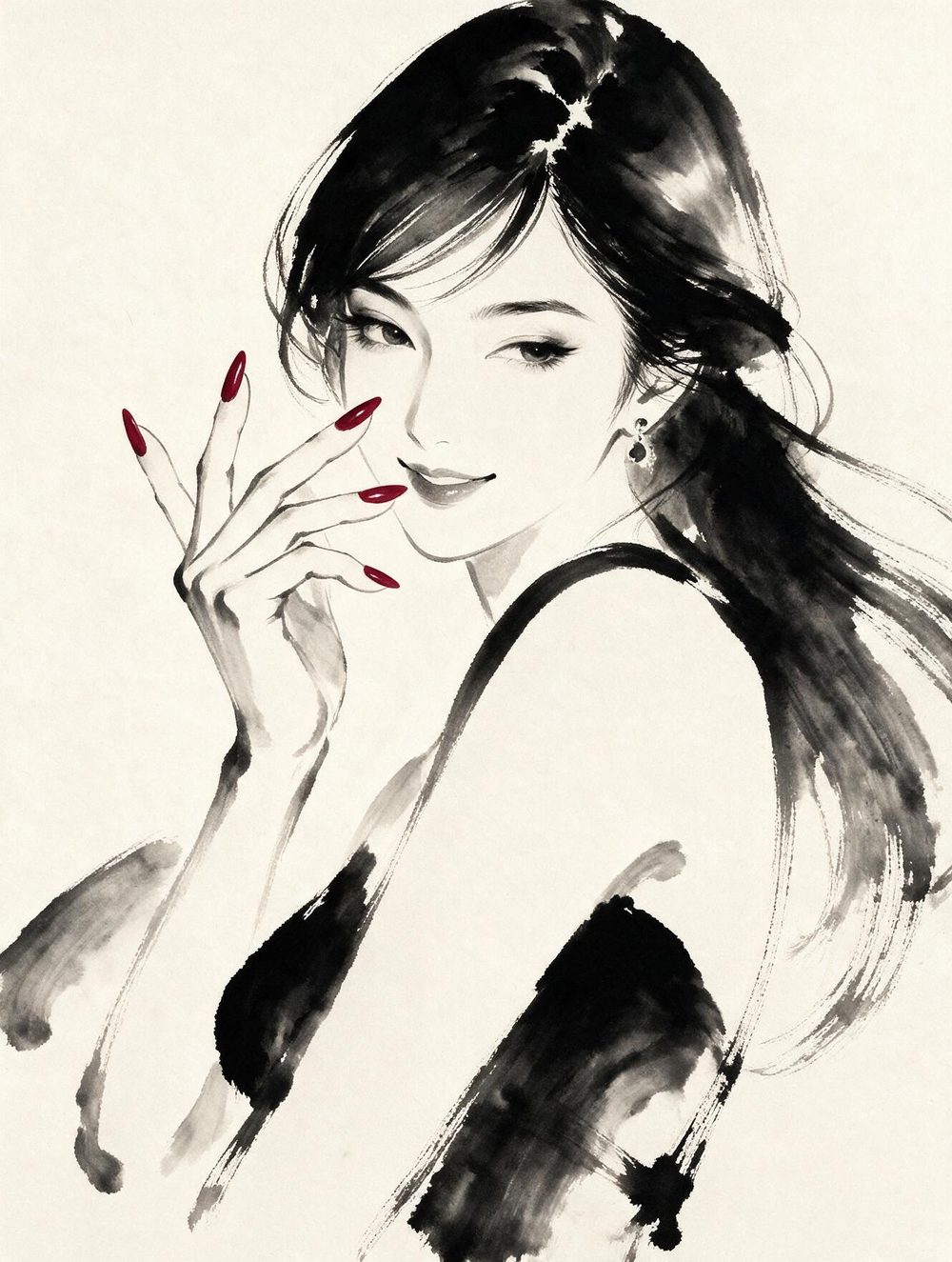 Ilustração em nanquim de uma jovem okinawana mostrando as unhas em vinho
